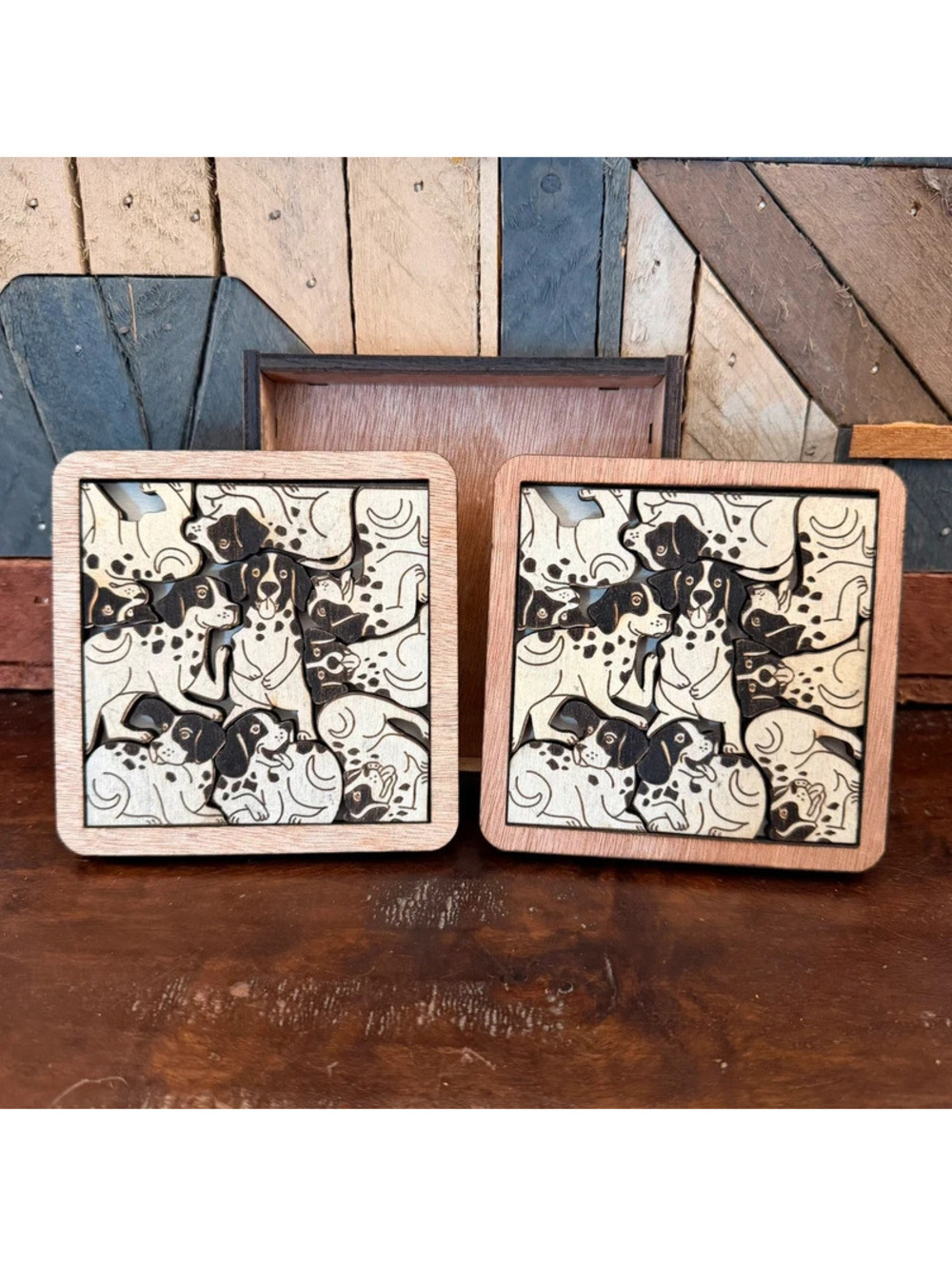 Dalmatian Dog Wooden Puzzle Coaster Set with Display Storage Box